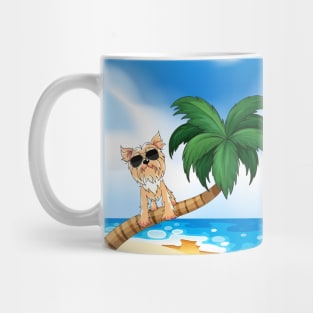 Yorkshire Terrier Dog Wearing Sunglasses on Palm Beach during Summer Mug